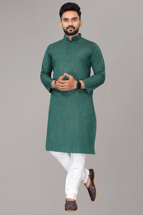 Printed Cotton Peacock Green Men Kurta for Wedding & Party