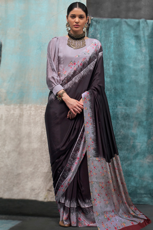 Printed Dark Brown Crepe Casual Wear Saree