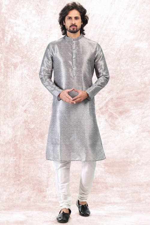 Printed Grey Banarasi Silk Men's Kurta Churidar 