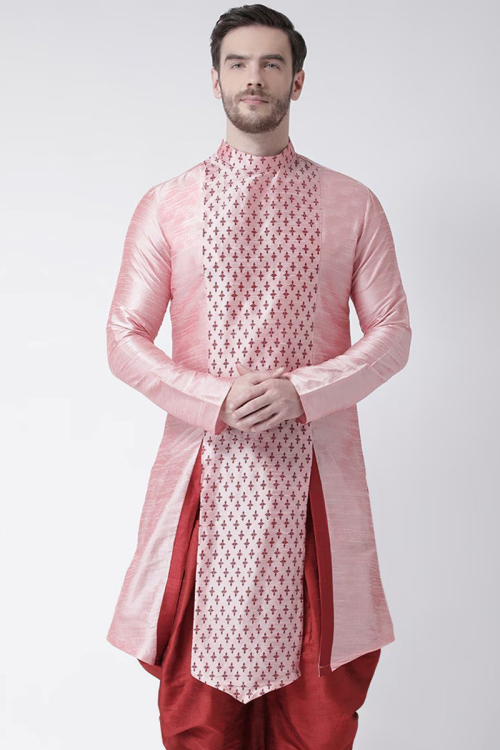 Printed Light Pink Dupion Silk Side Slit Men's Kurta 