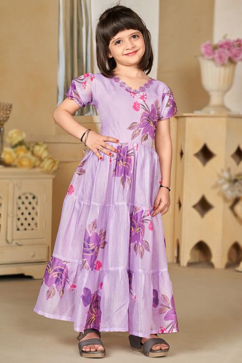 Printed Light Purple Kota Doria Casual Wear Kurti