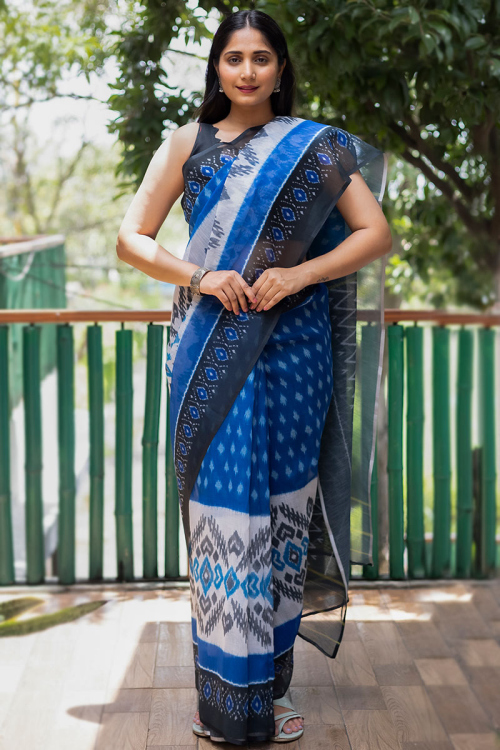 Blue Woven Linen Saree for Party 