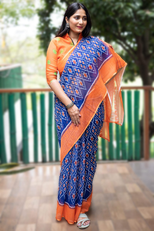 Printed Linen Indigo Blue Saree