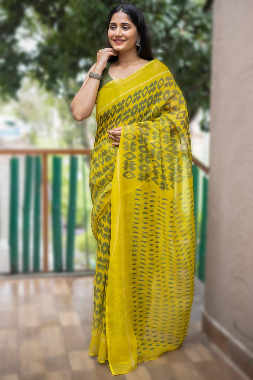 Party Wear Printed Light Yellow Saree in Linen