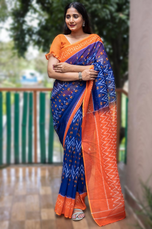 Printed Linen Navy Blue Saree