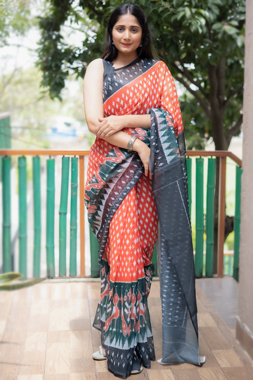 Salmon Orange Party Wear Printed Saree in Linen