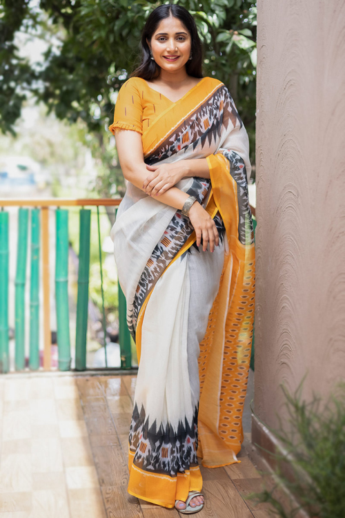 Party Wear Printed White Saree in Linen