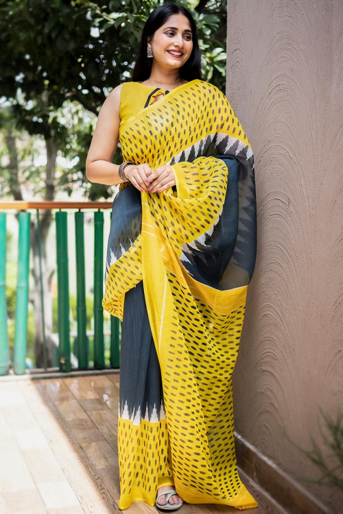 Printed Linen Yellow Saree