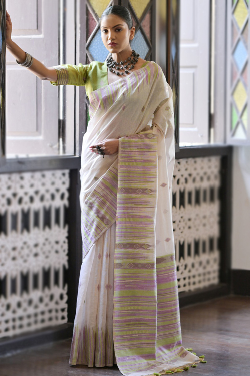 Printed Ivory Cotton Light Weight Saree