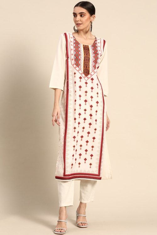 Printed Poly Crepe Cream Kurti