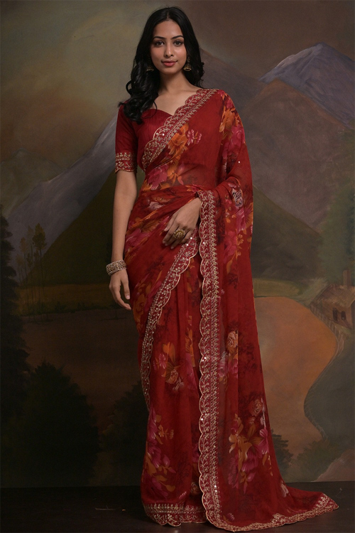 Deep Red Georgette Printed Light Weight Saree