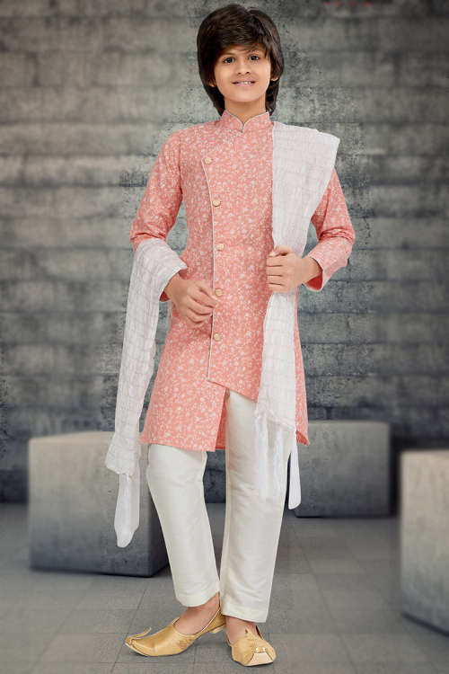 Printed Salmon Peach Cotton Asymmetric Kid's Sherwani 