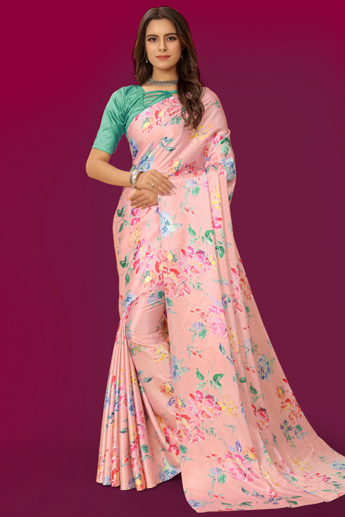 Printed Satin Pastel Pink Saree
