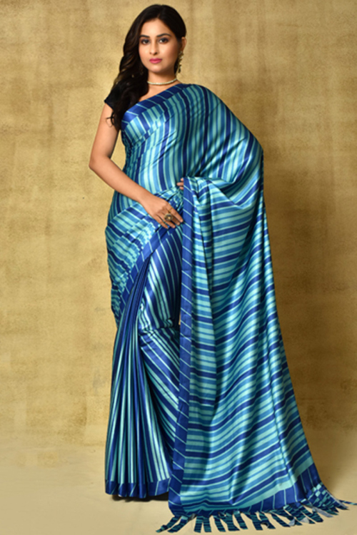 Printed Satin Silk Blue Saree