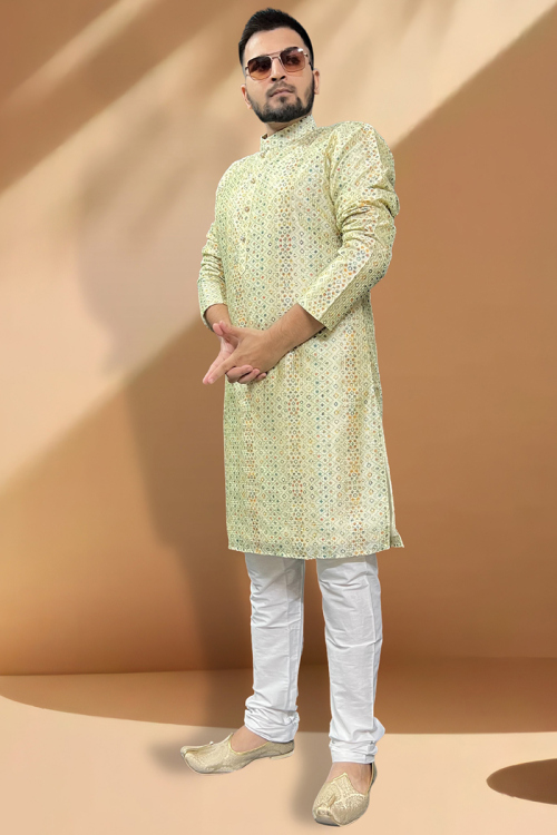 Printed Silk Pistachio Green Straight Cut Men's Kurta Churidar 