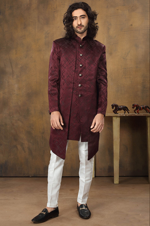 Printed Suede Dark Maroon Men Sherwani