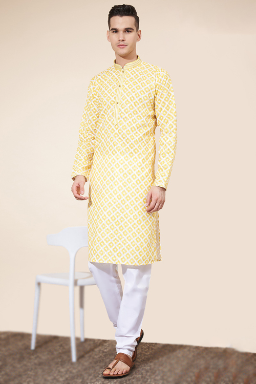 Printed White Cotton Straight Cut Men's Kurta Pajama