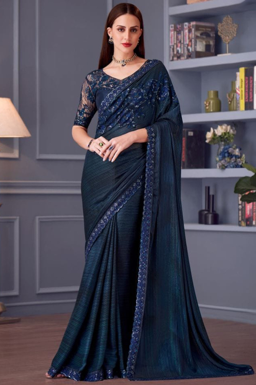 Prussian Blue Chiffon Embroidered Light Weight Saree