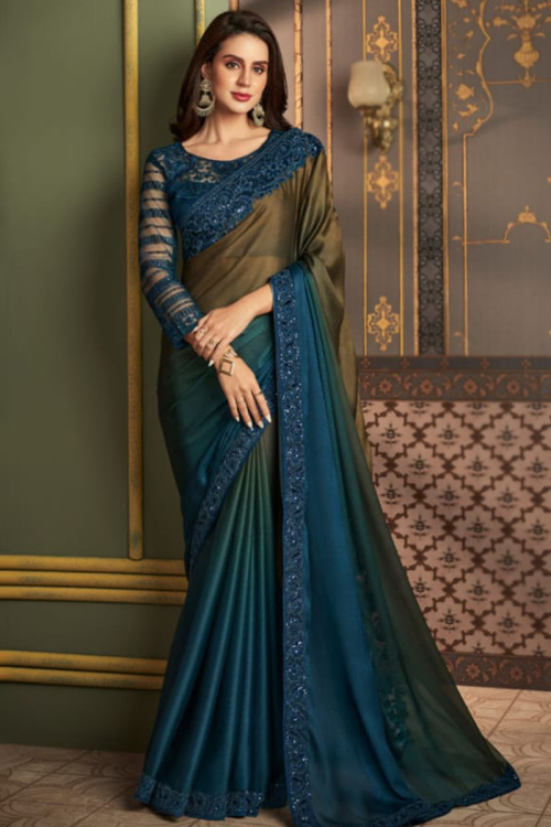 Prussian Blue Embroidered Party Wear Silk Ombre Saree 
