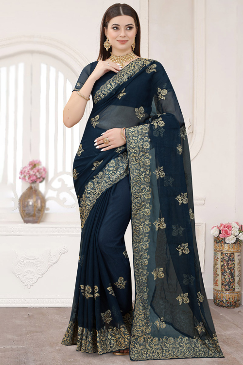 Prussian Blue Embroidered Saree