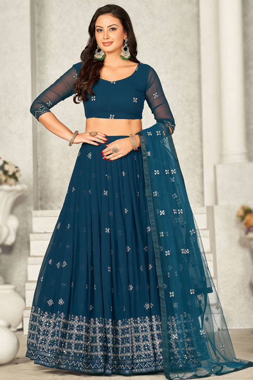 Prussian Blue Georgette Resham Embroidered Flared Style Lehenga 