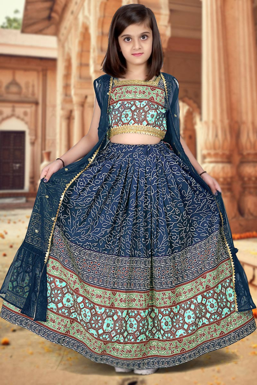 Prussian Blue Printed Jacket Style Satin Lehenga