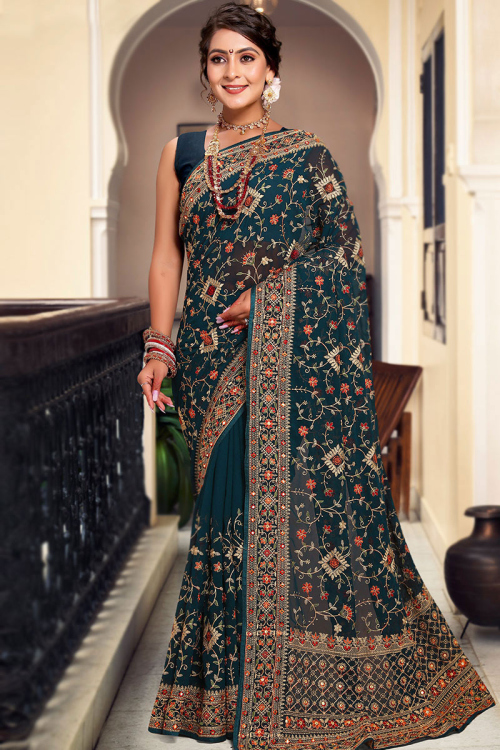 Prussian Blue Resham Thread Embroidered Georgette Saree