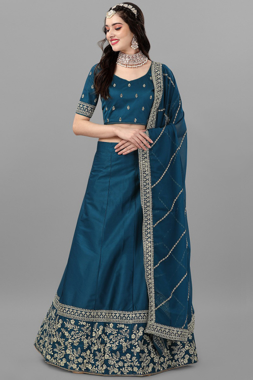 Prussian Blue Satin Embroidered Lehenga