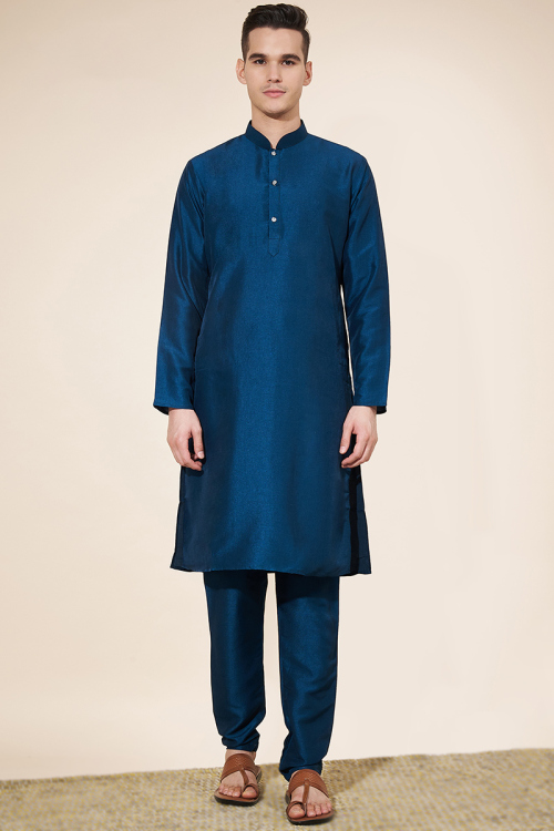 Prussian Blue Silk Plain Straight Cut Men's Kurta Pajama