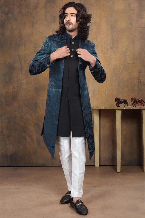 Prussian Blue Suede Men Sherwani