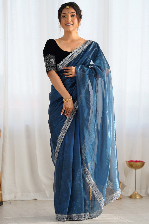 Prussian Blue Tissue Shimmer Saree With Zari Work