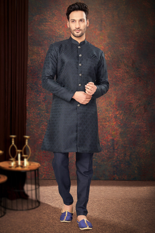 Prussian Blue Weaved Thread Jacquard Men's Sherwani For Engagement 