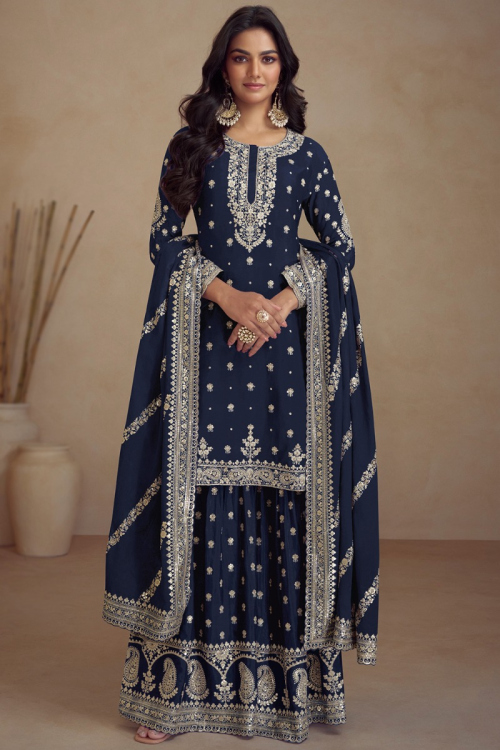 Prussian Blue Zari Embroidered Silk Sharara Suit For Sangeet 