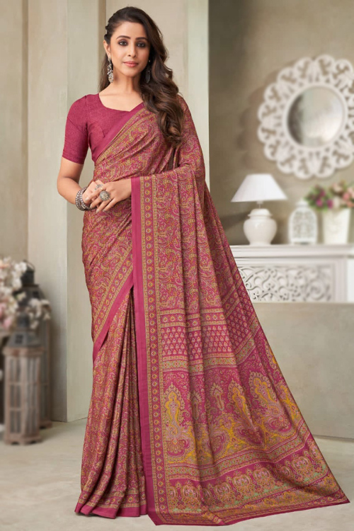 Punch Pink Crepe Silk Printed Saree