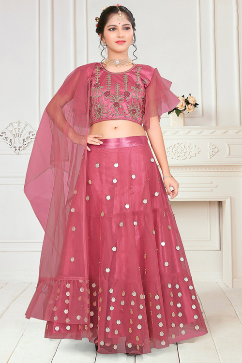 Punch Pink Net A Line Embroidered Lehenga