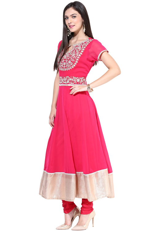 Punch Pink Organza Kurti With Resham Work For Casual Wear