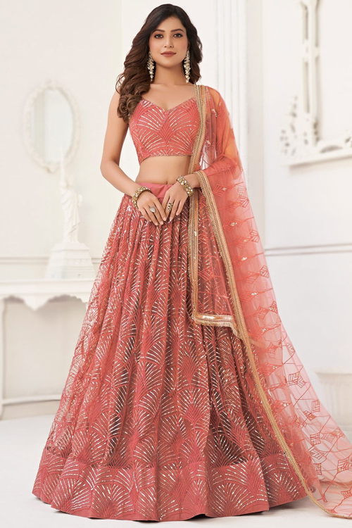 Punch Pink Sequins Embroidered Flared Style Net Lehenga