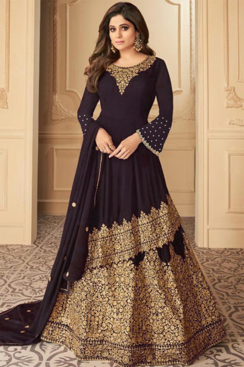 Dark Purple Embroidered Georgette Anarkali Suit