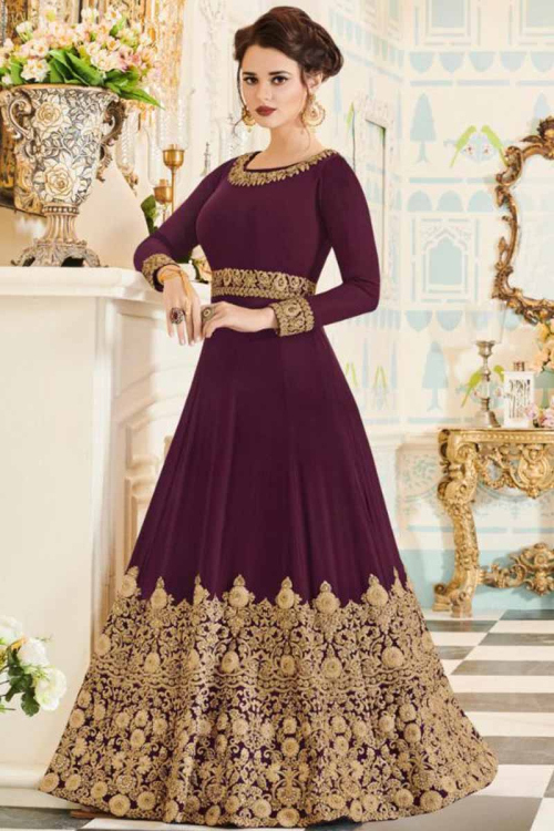 Purple Wedding Anarkali Gown With Resham Embroidered