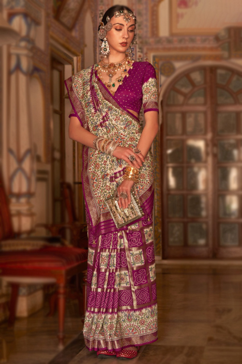 Purple Art Silk Bandhej Print Traditional Saree
