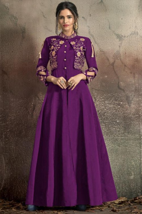 Purple Art Silk Jacket Style Anarkali Party Wear Salwar Kameez