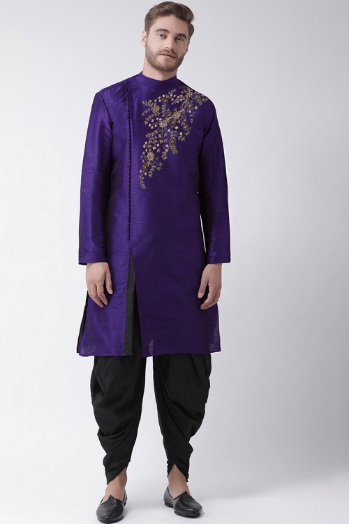 Purple Dupion Silk Embroidered Men&#039;s Kurta With Dhoti 
