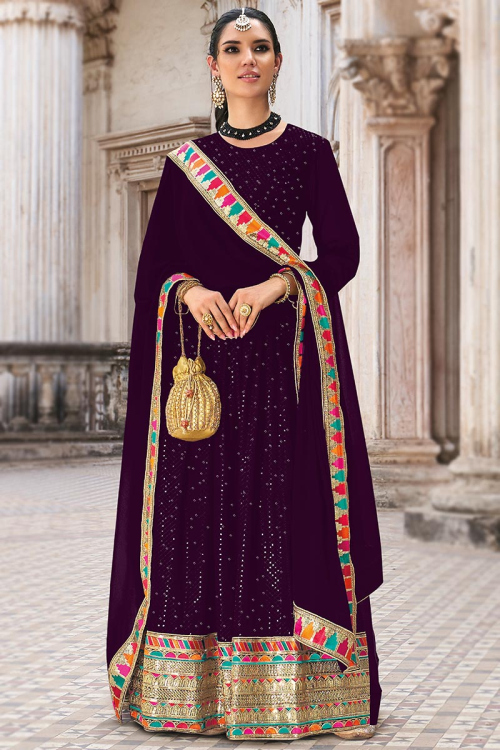 Wedding Wear Lace Embroidered Purple Anarkali Suit in Georgette