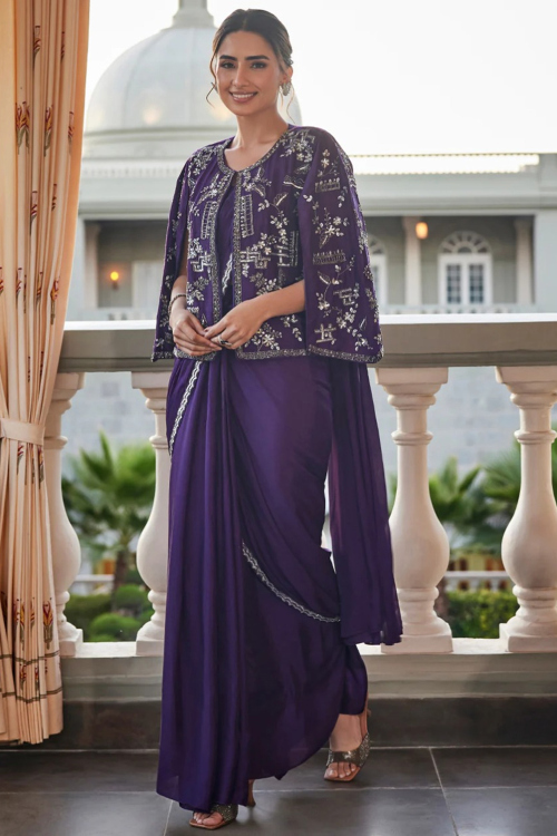 Purple Indo-Western Silk Saree with Zardosi Work for Weddings