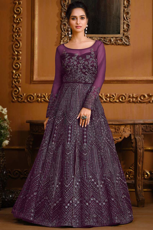 Purple Net Front Slit Anarkali Salwar Suit for Party Wear