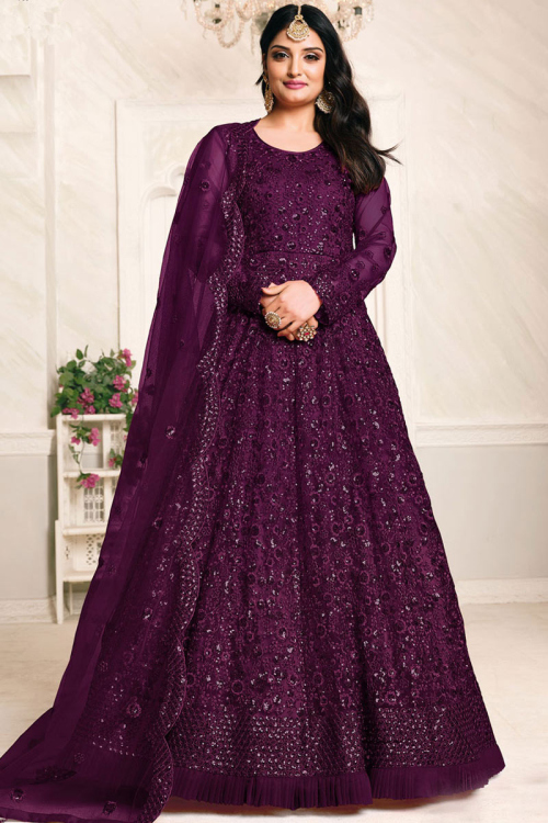 Purple Net Sequined Worked Wedding Anarkali Suit