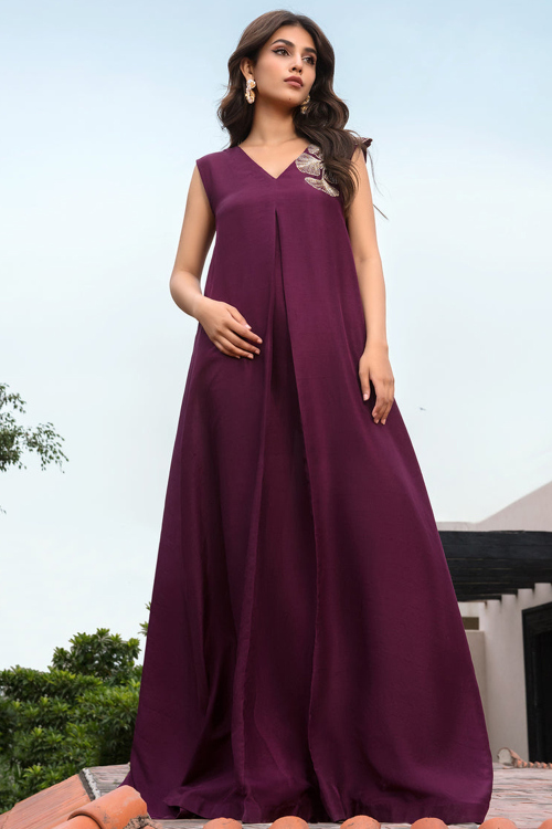Purple Raw Silk Indo-Western Gown with Cutdana Work for Wedding