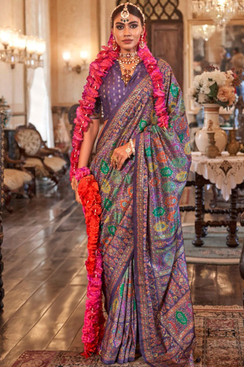 Purple Silk Blend Printed Saree For Festival