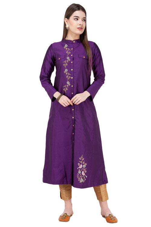 Purple Silk Embroidered A Line Kurti