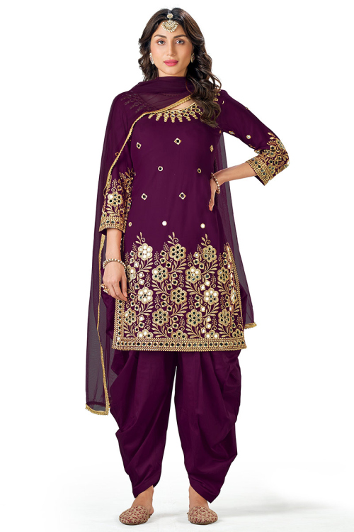 Purple Silk Embroidered Patiala Salwar Suit